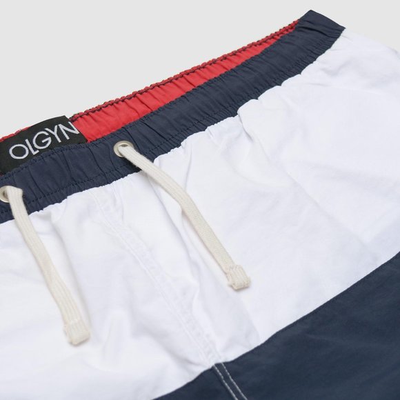 OLGYN Men’s Navy Blue White Striped Swim Shorts - Picture 4 of 6